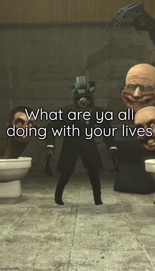 Skibidi Toilets and Cameraman staring at you | What are ya all doing with your lives | image tagged in skibidi toilets and cameraman staring at you | made w/ Imgflip meme maker