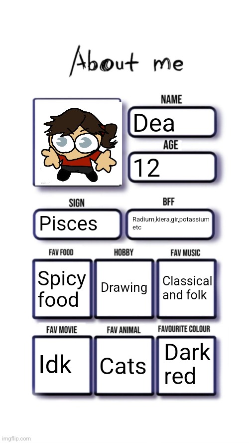 I probably did this before but ok | Dea; 12; Pisces; Radium,kiera,gir,potassium etc; Drawing; Spicy food; Classical and folk; Dark red; Idk; Cats | image tagged in about me | made w/ Imgflip meme maker