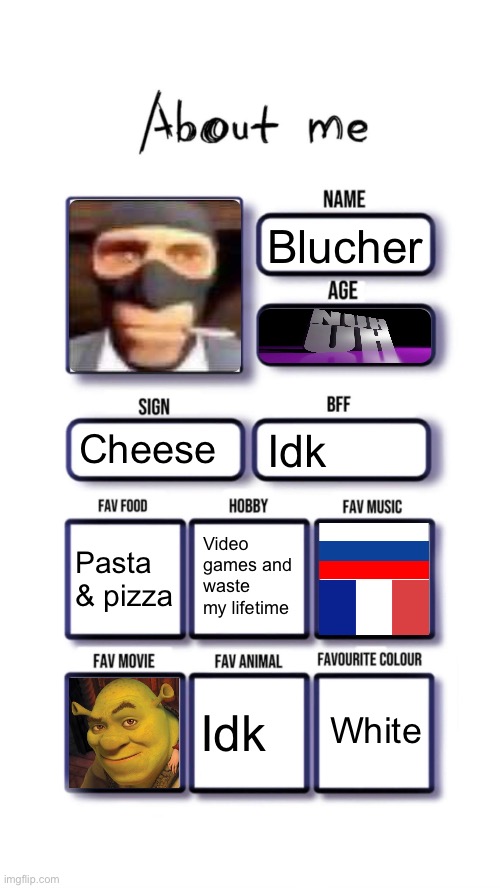 About me | Blucher; Cheese; Idk; Video games and waste my lifetime; Pasta & pizza; White; Idk | image tagged in about me,msmg | made w/ Imgflip meme maker