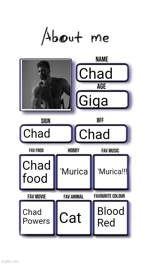 Chad | Chad; Giga; Chad; Chad; 'Murica; Chad food; 'Murica!!! Blood Red; Chad Powers; Cat | image tagged in about me | made w/ Imgflip meme maker