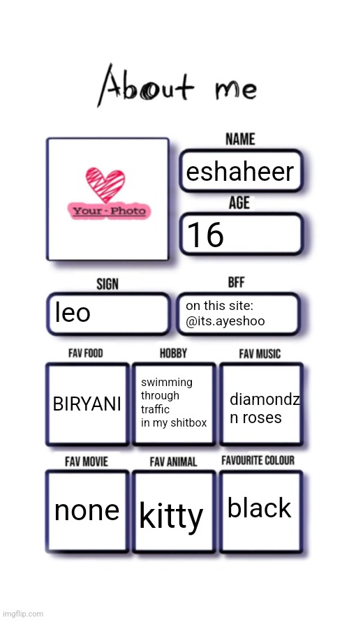 About me | eshaheer; 16; leo; on this site: @its.ayeshoo; swimming through traffic in my shitbox; BIRYANI; diamondz n roses; black; none; kitty | image tagged in about me | made w/ Imgflip meme maker