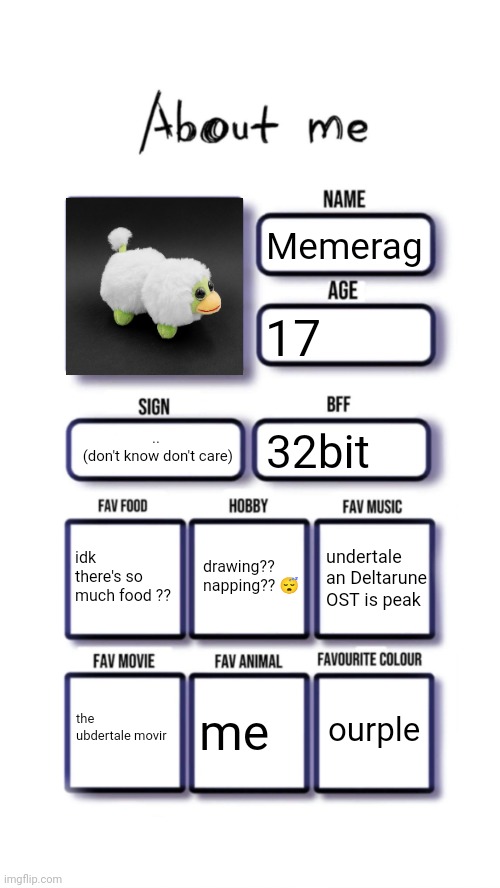 forgor to mention autistic | Memerag; 17; ..
 (don't know don't care); 32bit; drawing?? napping?? 😴; idk there's so much food ?? undertale an Deltarune OST is peak; ourple; the ubdertale movir; me | image tagged in about me | made w/ Imgflip meme maker