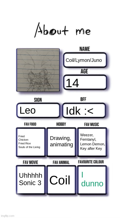 About me | Coil/Lymon/Juno; 14; Leo; Idk :<; Drawing, animating; Fried Chicken
Fried Rice
Souls of the Living; Weezer, Femtanyl, Lemon Demon, Key after Key; I dunno; Uhhhhh Sonic 3; Coil | image tagged in about me | made w/ Imgflip meme maker