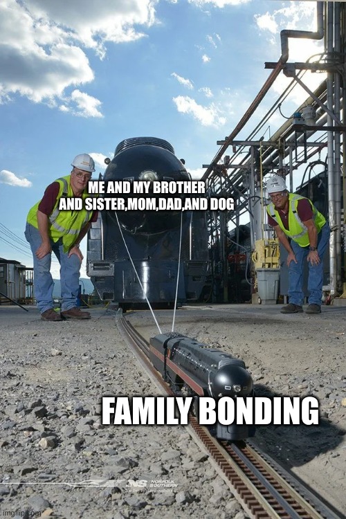 Goob is a humanoid, beige-colored craft with a rounded, square-shaped head featuring tufts of fluff on the forehead and cheeks.  | ME AND MY BROTHER AND SISTER,MOM,DAD,AND DOG; FAMILY BONDING | image tagged in small train pulling big train | made w/ Imgflip meme maker