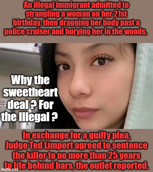 Should of got the death penalty. | An illegal immigrant admitted to strangling a woman on her 21st birthday, then dragging her body past a police cruiser and burying her in the woods. Why the sweetheart deal ? For the Illegal ? In exchange for a guilty plea, Judge Ted Limpert agreed to sentence the killer to no more than 25 years to life behind bars, the outlet reported. | made w/ Imgflip meme maker