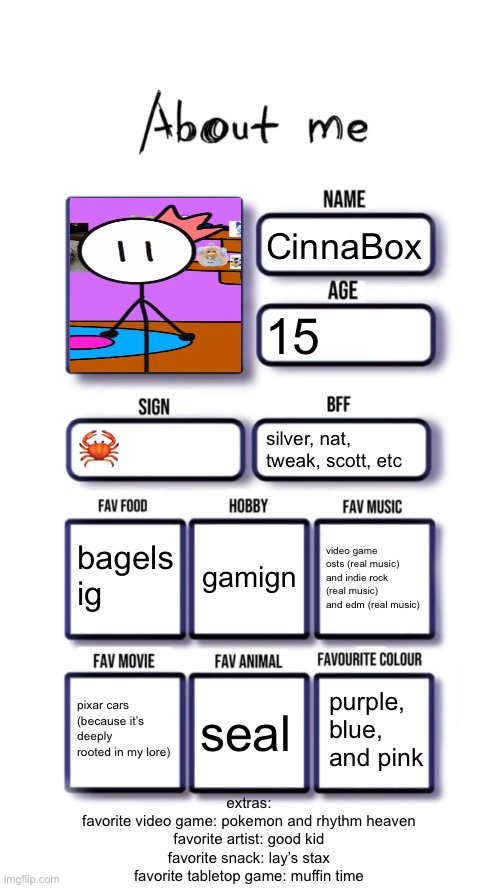 someone plug this because for some reason accounts need to be a month old to post | CinnaBox; 15; 🦀; silver, nat, tweak, scott, etc; bagels ig; gamign; video game osts (real music) and indie rock (real music) and edm (real music); purple, blue, and pink; pixar cars (because it’s deeply rooted in my lore); seal; extras:
favorite video game: pokemon and rhythm heaven
favorite artist: good kid
favorite snack: lay’s stax
favorite tabletop game: muffin time | image tagged in about me | made w/ Imgflip meme maker