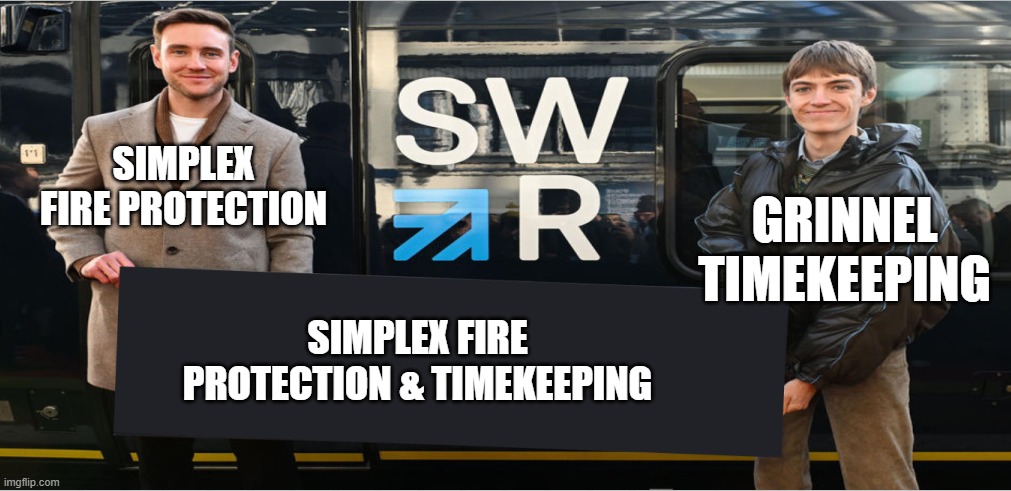 WHY SIMPLEX MAKES CLOCKS | SIMPLEX FIRE PROTECTION; GRINNEL TIMEKEEPING; SIMPLEX FIRE PROTECTION & TIMEKEEPING | image tagged in men holding sign | made w/ Imgflip meme maker