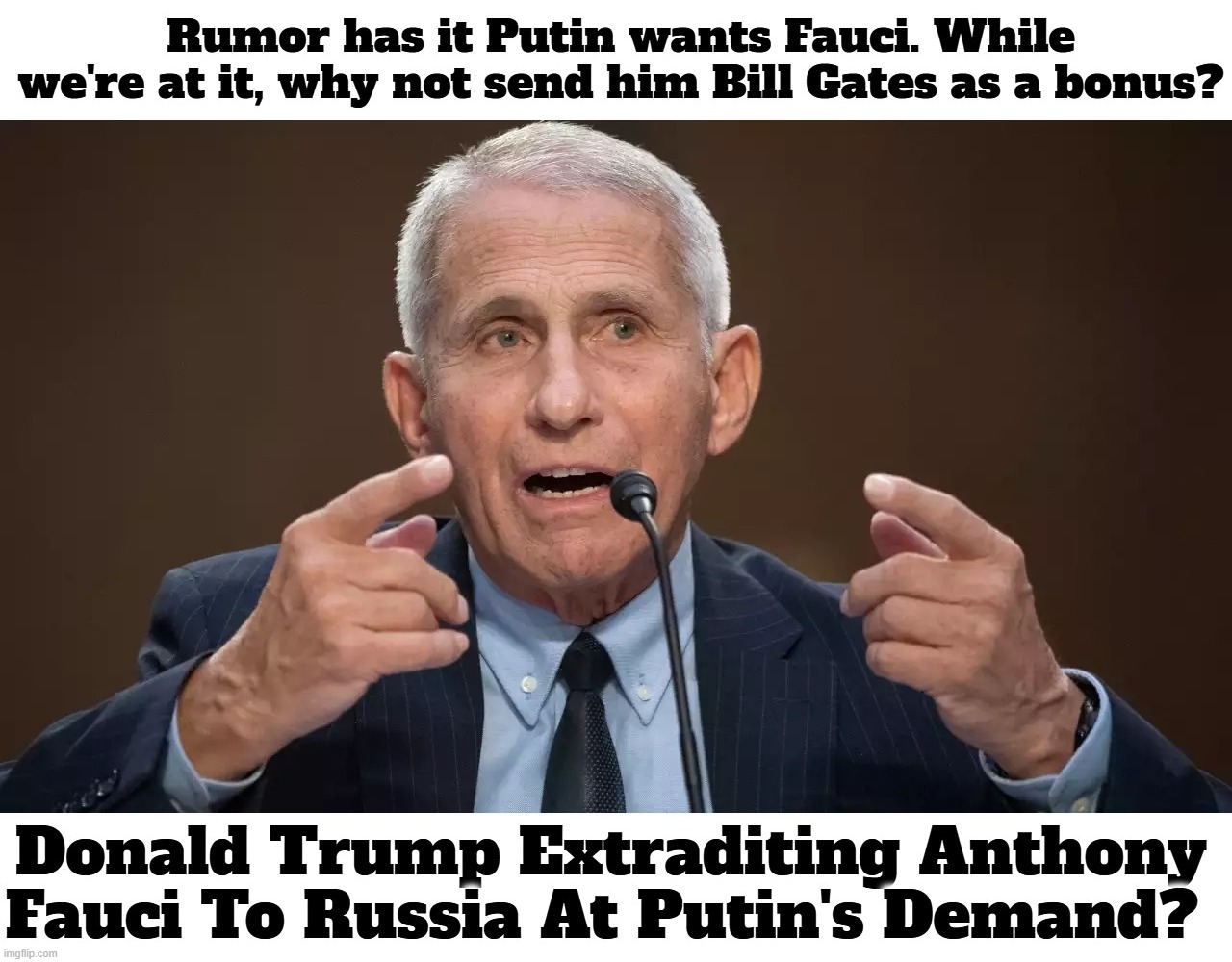 Rumor has it Putin wants Fauci. While we're at it, why not send him Bill Gates as a bonus? | image tagged in vladimir putin,dr fauci,extradition,extradite,ive committed various war crimes,nuremberg code | made w/ Imgflip meme maker