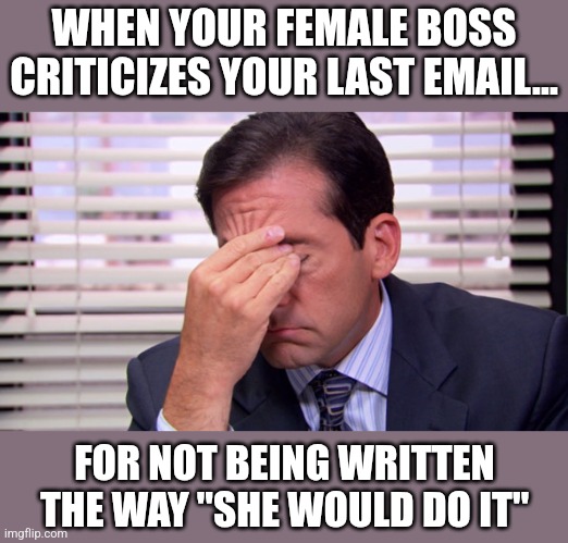 Not only are women not oppressed in corporate America, they are fast becoming meglomaniacs! | WHEN YOUR FEMALE BOSS CRITICIZES YOUR LAST EMAIL... FOR NOT BEING WRITTEN THE WAY "SHE WOULD DO IT" | image tagged in annoying,bad boss,women vs men,corporations,work sucks,shut up | made w/ Imgflip meme maker