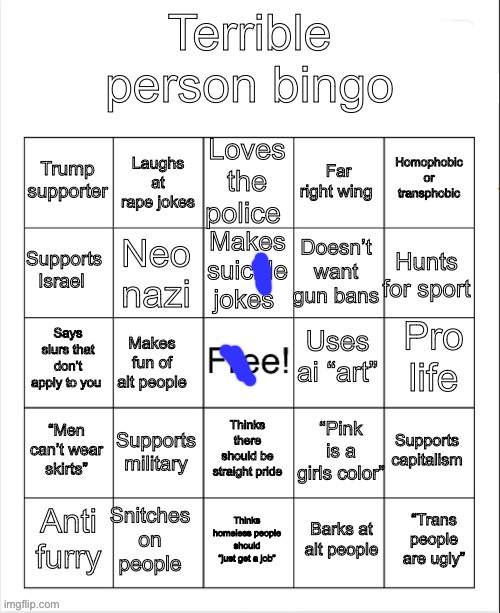 ate the military btw | image tagged in terrible person bingo | made w/ Imgflip meme maker