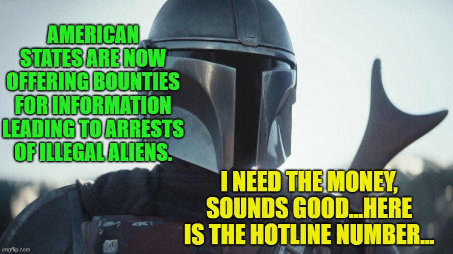 The Mandalorian. | AMERICAN STATES ARE NOW OFFERING BOUNTIES FOR INFORMATION LEADING TO ARRESTS OF ILLEGAL ALIENS. I NEED THE MONEY,
SOUNDS GOOD...HERE IS THE HOTLINE NUMBER... | image tagged in the mandalorian | made w/ Imgflip meme maker