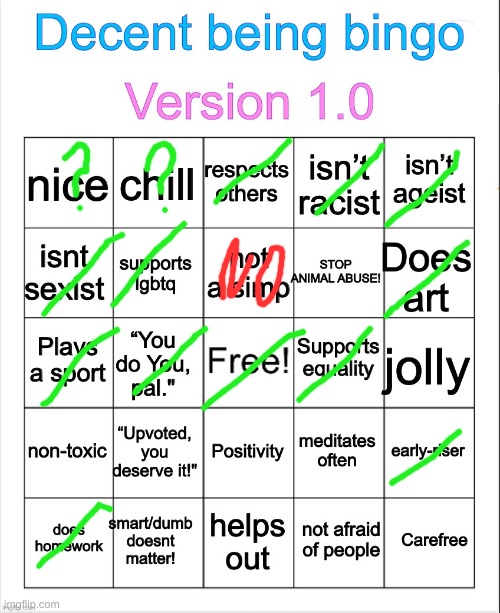 Decent being bingo | image tagged in decent being bingo | made w/ Imgflip meme maker