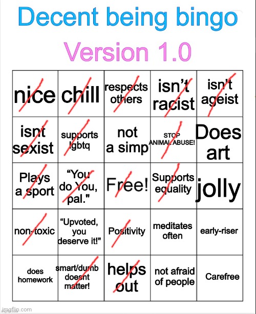 Decent being bingo | image tagged in decent being bingo | made w/ Imgflip meme maker