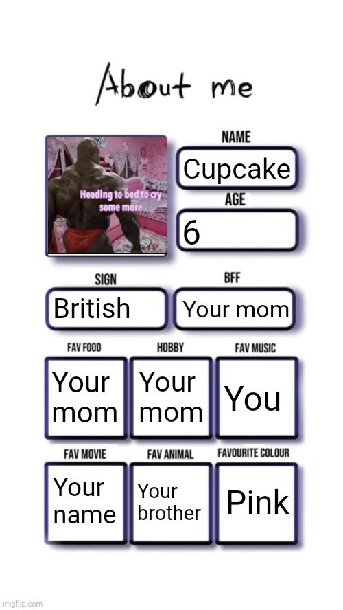 About me | Cupcake; 6; British; Your mom; Your mom; Your mom; You; Pink; Your name; Your brother | image tagged in about me | made w/ Imgflip meme maker