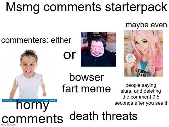 Blank White Template | Msmg comments starterpack; maybe even; commenters: either; or; bowser fart meme; people saying slurs, and deleting the comment 0.5 seconds after you see it; horny comments; death threats | image tagged in blank white template | made w/ Imgflip meme maker