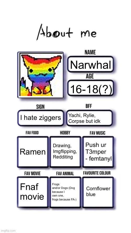 About me | Narwhal; 16-18(?); I hate ziggers; Yachi, Rylie, Corpse but idk; Drawing, Imgflipping, Redditing; Ramen; Push ur T3mper - femtanyl; Cornflower blue; Fnaf movie; Frogs and/or Dogs (Dog because I own one, frogs because FA-) | image tagged in about me | made w/ Imgflip meme maker