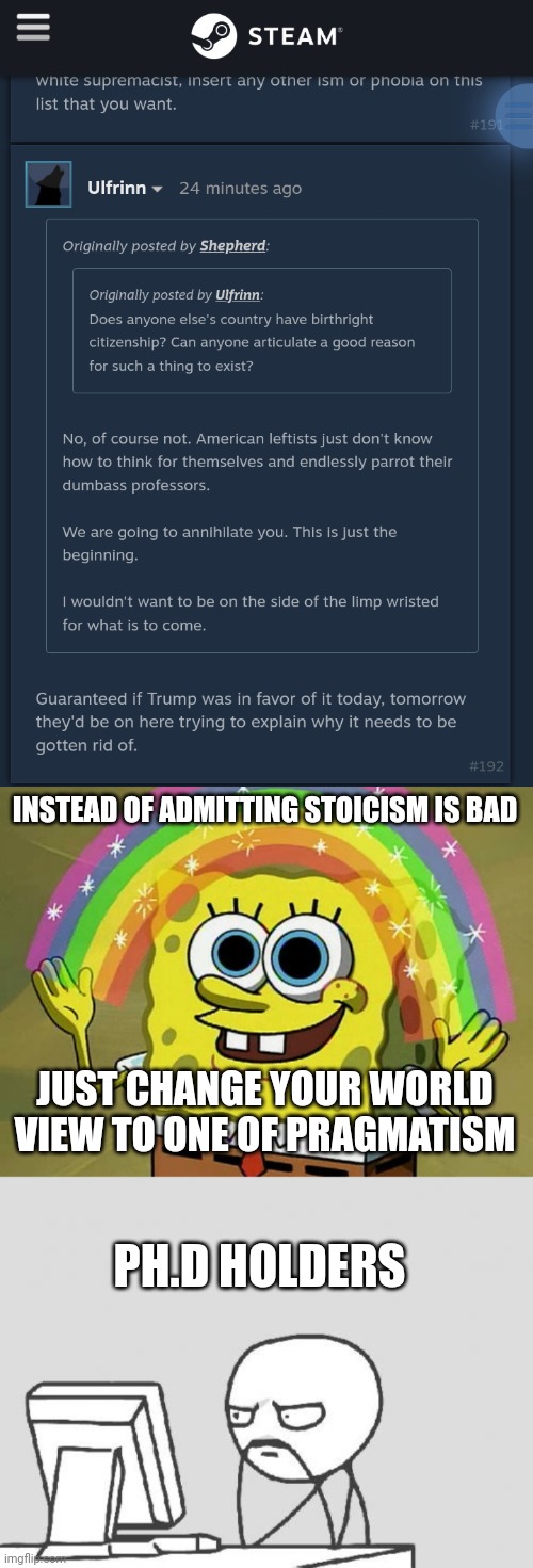 INSTEAD OF ADMITTING STOICISM IS BAD; JUST CHANGE YOUR WORLD VIEW TO ONE OF PRAGMATISM; PH.D HOLDERS | image tagged in memes,imagination spongebob,computer guy | made w/ Imgflip meme maker