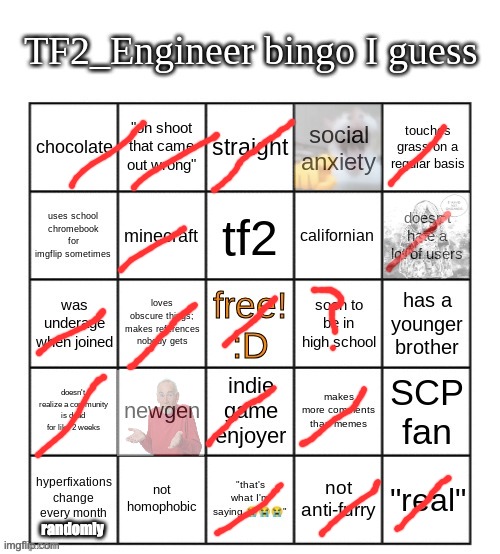 TF2_Engineer's bingo | randomly | image tagged in tf2_engineer's bingo | made w/ Imgflip meme maker