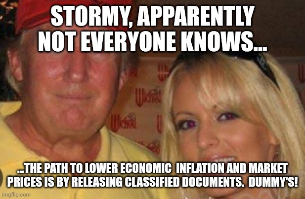 Side chick | STORMY, APPARENTLY NOT EVERYONE KNOWS... ...THE PATH TO LOWER ECONOMIC  INFLATION AND MARKET PRICES IS BY RELEASING CLASSIFIED DOCUMENTS.  D | image tagged in side chick | made w/ Imgflip meme maker