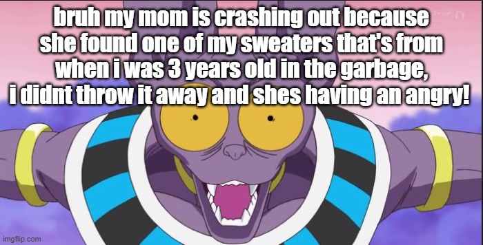 beerus | bruh my mom is crashing out because she found one of my sweaters that's from when i was 3 years old in the garbage, i didnt throw it away and shes having an angry! | image tagged in beerus | made w/ Imgflip meme maker