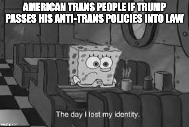 Please note that there is a "IF". It may or may not happen, and it may only be in some states. Thank you. | AMERICAN TRANS PEOPLE IF TRUMP PASSES HIS ANTI-TRANS POLICIES INTO LAW | image tagged in the day i lost my identity,transgender,politics | made w/ Imgflip meme maker