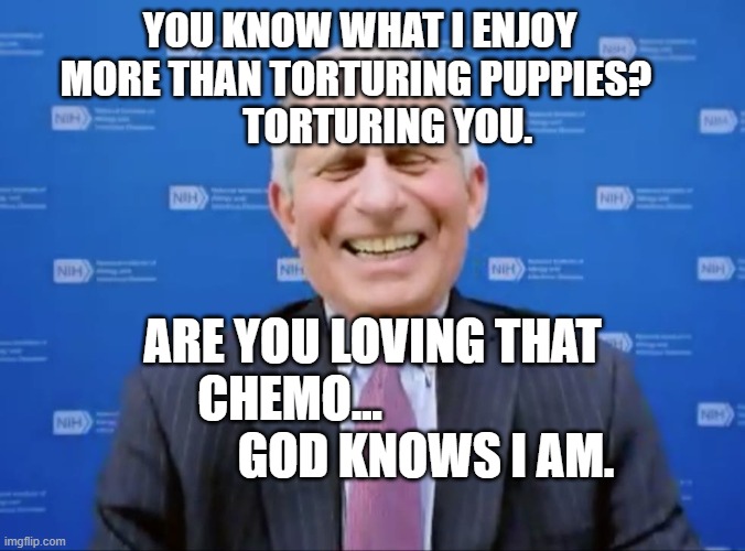 Fauci laughs at the suckers | YOU KNOW WHAT I ENJOY MORE THAN TORTURING PUPPIES? 
        TORTURING YOU. ARE YOU LOVING THAT CHEMO...                              GOD KNOWS I AM. | image tagged in fauci laughs at the suckers | made w/ Imgflip meme maker