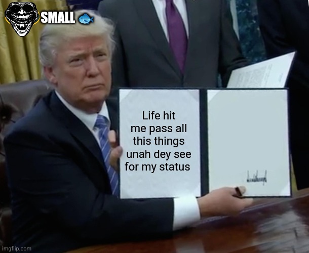 Facts | SMALL 🐟; Life hit me pass all this things unah dey see for my status | image tagged in memes,trump bill signing | made w/ Imgflip meme maker