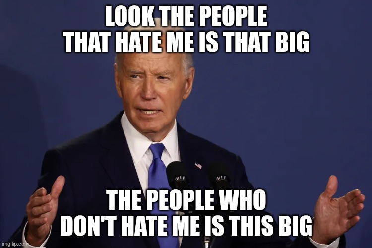 joe biden | LOOK THE PEOPLE THAT HATE ME IS THAT BIG; THE PEOPLE WHO DON'T HATE ME IS THIS BIG | image tagged in joe biden | made w/ Imgflip meme maker