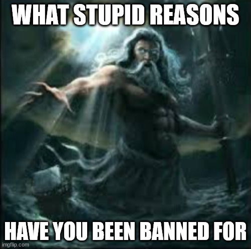 I've been banned for commenting on a woman's weight... | WHAT STUPID REASONS; HAVE YOU BEEN BANNED FOR | image tagged in poseidon | made w/ Imgflip meme maker