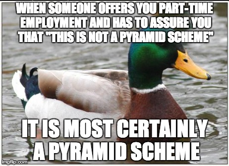 Actual Advice Mallard Meme | WHEN SOMEONE OFFERS YOU PART-TIME EMPLOYMENT AND HAS TO ASSURE YOU THAT "THIS IS NOT A PYRAMID SCHEME" IT IS MOST CERTAINLY A PYRAMID SCHEME | image tagged in memes,actual advice mallard,AdviceAnimals | made w/ Imgflip meme maker