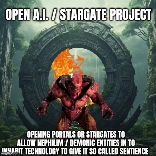 Open A.I. / Stargate project | OPEN A.I. / STARGATE PROJECT; OPENING PORTALS OR STARGATES TO ALLOW NEPHILIM / DEMONIC ENTITIES IN TO INHABIT TECHNOLOGY TO GIVE IT SO CALLED SENTIENCE | image tagged in demonic | made w/ Imgflip meme maker