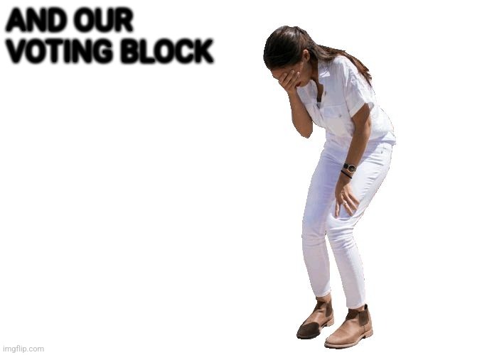 AOC Cries. | AND OUR VOTING BLOCK | image tagged in aoc cries | made w/ Imgflip meme maker