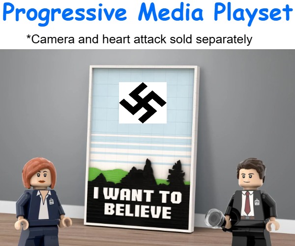 Progressive Media Playset; *Camera and heart attack sold separately | image tagged in progressives,liberal media,the x-files,lego,american politics | made w/ Imgflip meme maker