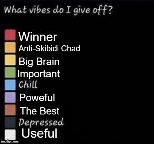 Let's do this again! | Winner; Anti-Skibidi Chad; Big Brain; Important; Poweful; The Best; Useful | image tagged in what vibes do i give off | made w/ Imgflip meme maker