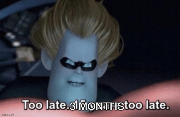 3 MONTHS | image tagged in too late | made w/ Imgflip meme maker