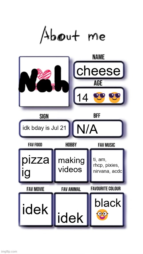 . | cheese; 14 😎😎; idk bday is Jul 21; N/A; making videos; pizza ig; ti, am, rhcp, pixies, nirvana, acdc; black 🤓; idek; idek | made w/ Imgflip meme maker