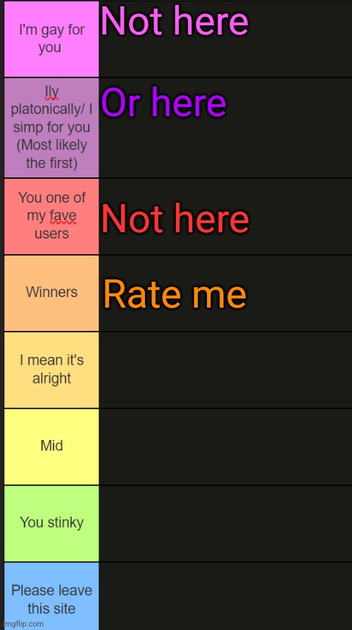 Neko new tier list | Not here; Or here; Not here; Rate me | image tagged in neko new tier list | made w/ Imgflip meme maker