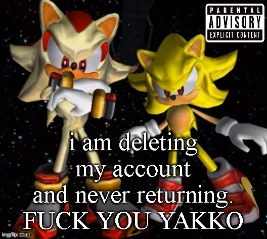 sonic n shadow | i am deleting my account and never returning. FUCK YOU YAKKO | image tagged in sonic n shadow | made w/ Imgflip meme maker