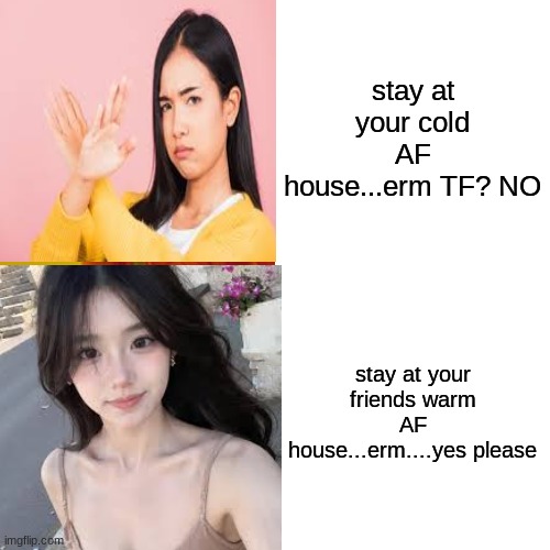 erm...WTF is this | stay at your cold AF house...erm TF? NO; stay at your friends warm AF house...erm....yes please | image tagged in memes,drake hotline bling | made w/ Imgflip meme maker