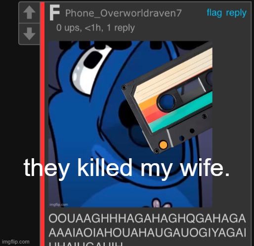 one fucking eats a fucking mixtape for no fucking reason | they killed my wife. | image tagged in one fucking eats a fucking mixtape for no fucking reason | made w/ Imgflip meme maker