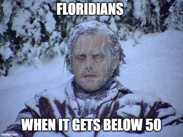 que friooooooo | FLORIDIANS; WHEN IT GETS BELOW 50 | image tagged in memes,jack nicholson the shining snow,florida man,meanwhile in florida,florida,cold weather | made w/ Imgflip meme maker