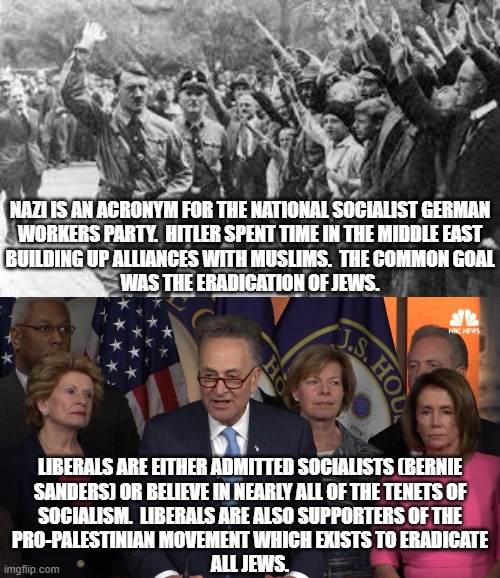 For all Democrats who cannot stop themselves from calling conservatives, Nazis, I think you need to reconsider. | NAZI IS AN ACRONYM FOR THE NATIONAL SOCIALIST GERMAN
WORKERS PARTY.  HITLER SPENT TIME IN THE MIDDLE EAST
BUILDING UP ALLIANCES WITH MUSLIMS.  THE COMMON GOAL
WAS THE ERADICATION OF JEWS. LIBERALS ARE EITHER ADMITTED SOCIALISTS (BERNIE
SANDERS) OR BELIEVE IN NEARLY ALL OF THE TENETS OF
SOCIALISM.  LIBERALS ARE ALSO SUPPORTERS OF THE
PRO-PALESTINIAN MOVEMENT WHICH EXISTS TO ERADICATE
ALL JEWS. | image tagged in nazis,democrats,they have more in common than libs know,socialism is communism is fascism is nazism | made w/ Imgflip meme maker