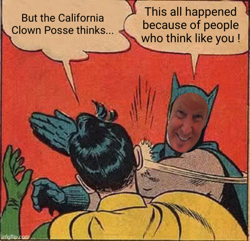 What a Circle Jerk ! | But the California Clown Posse thinks... This all happened because of people who think like you ! | image tagged in memes,batman slapping robin,politics,political meme,funny memes,funny | made w/ Imgflip meme maker