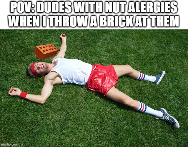 thursdays be like | POV: DUDES WITH NUT ALERGIES WHEN I THROW A BRICK AT THEM | image tagged in knocked out,brick,nuts | made w/ Imgflip meme maker