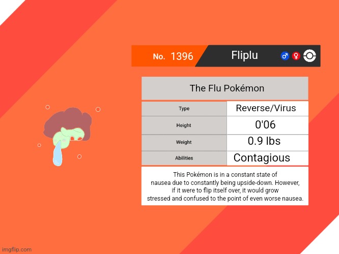 One of the first Pokémon in Cerritulus to not be an eebee. This guy and the gym leader who owns it will become relevant soon. | 1396; Fliplu; The Flu Pokémon; Reverse/Virus; 0'06; 0.9 lbs; Contagious; This Pokémon is in a constant state of nausea due to constantly being upside-down. However, if it were to flip itself over, it would grow stressed and confused to the point of even worse nausea. | image tagged in blank pokemon swsh pokedex | made w/ Imgflip meme maker