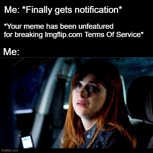 Me: *Finally gets notification*; *Your meme has been unfeatured for breaking Imgflip.com Terms Of Service*; Me: | made w/ Imgflip meme maker