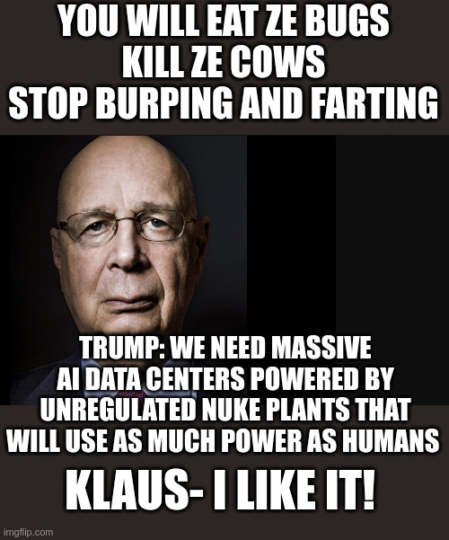 The WEF is buzzing with excitement over Trump's Stargate (Spynet) | YOU WILL EAT ZE BUGS
KILL ZE COWS
STOP BURPING AND FARTING; TRUMP: WE NEED MASSIVE AI DATA CENTERS POWERED BY UNREGULATED NUKE PLANTS THAT WILL USE AS MUCH POWER AS HUMANS; KLAUS- I LIKE IT! | image tagged in klaus schwab | made w/ Imgflip meme maker