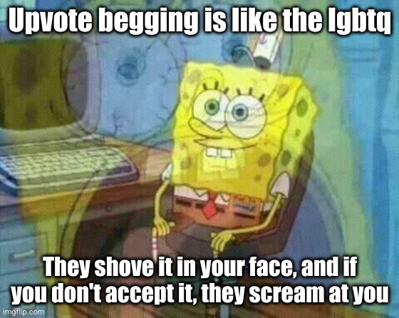 if you upvote beg you support zoophile rights | Upvote begging is like the lgbtq; They shove it in your face, and if you don't accept it, they scream at you | image tagged in spongebob panic inside,spongebob,mocking spongebob,so true,lgbtq,upvote begging | made w/ Imgflip meme maker