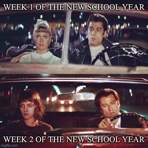 That aged quickly | WEEK 1 OF THE NEW SCHOOL YEAR; WEEK 2 OF THE NEW SCHOOL YEAR | image tagged in travolta demotivator,school,teachers | made w/ Imgflip meme maker