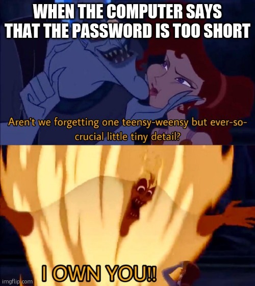 i decide the password here | WHEN THE COMPUTER SAYS THAT THE PASSWORD IS TOO SHORT | image tagged in hades i own you | made w/ Imgflip meme maker